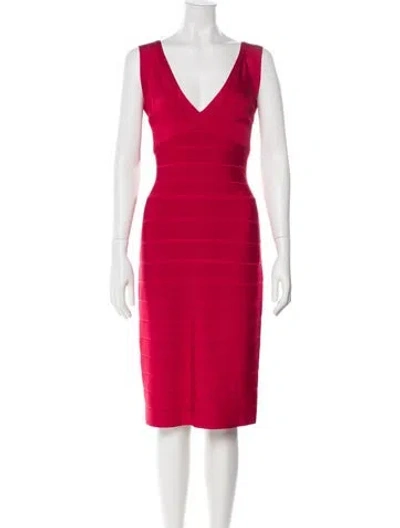 Pre-owned Herve Leger V-neck Knee-length Dress In Red