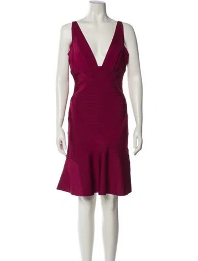 Pre-owned Herve Leger V-neck Knee-length Dress In Red
