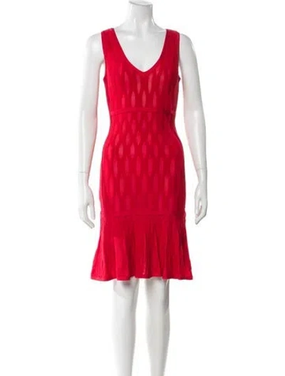 Pre-owned Herve Leger V-neck Knee-length Dress In Red
