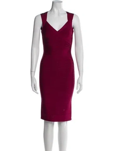 Pre-owned Herve Leger V-neck Knee-length Dress In Red