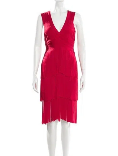 Pre-owned Herve Leger V-neck Knee-length Dress In Red
