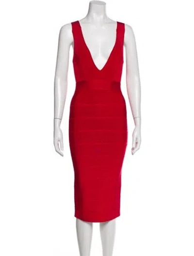 Pre-owned Herve Leger V-neck Knee-length Dress In Red