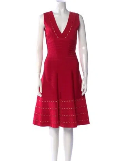 Pre-owned Herve Leger V-neck Knee-length Dress In Red