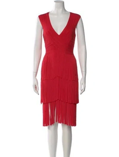 Pre-owned Herve Leger V-neck Knee-length Dress In Red