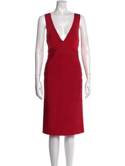Pre-owned Herve Leger V-neck Knee-length Dress In Red