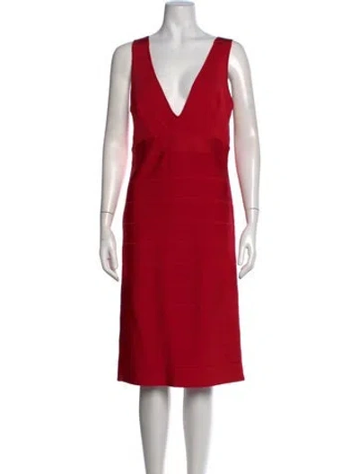 Pre-owned Herve Leger V-neck Knee-length Dress In Red