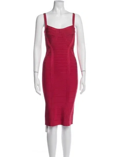 Pre-owned Herve Leger V-neck Knee-length Dress In Red