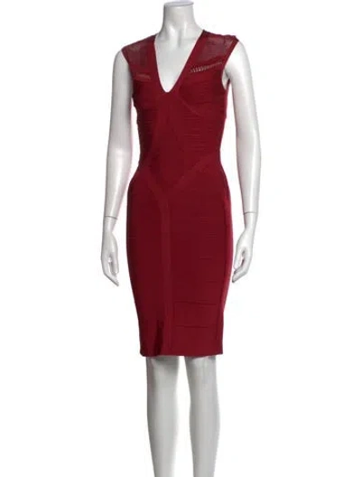 Pre-owned Herve Leger V-neck Knee-length Dress In Red
