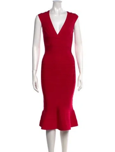 Pre-owned Herve Leger V-neck Knee-length Dress In Red