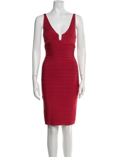 Pre-owned Herve Leger V-neck Knee-length Dress In Red