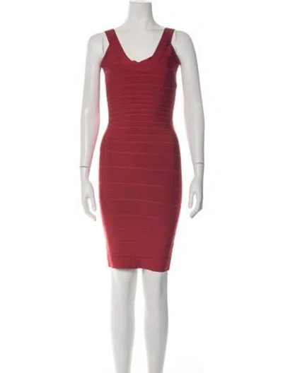 Pre-owned Herve Leger V-neck Knee-length Dress In Red
