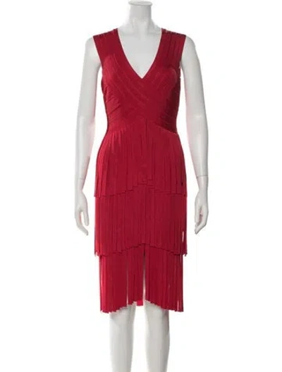 Pre-owned Herve Leger V-neck Knee-length Dress In Red