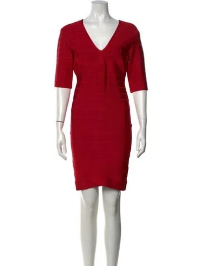 Pre-owned Herve Leger V-neck Knee-length Dress In Red