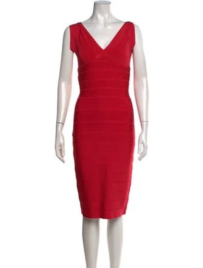 Pre-owned Herve Leger V-neck Knee-length Dress In Red