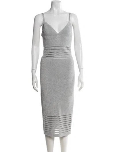 Pre-owned Herve Leger V-neck Knee-length Dress In Silver