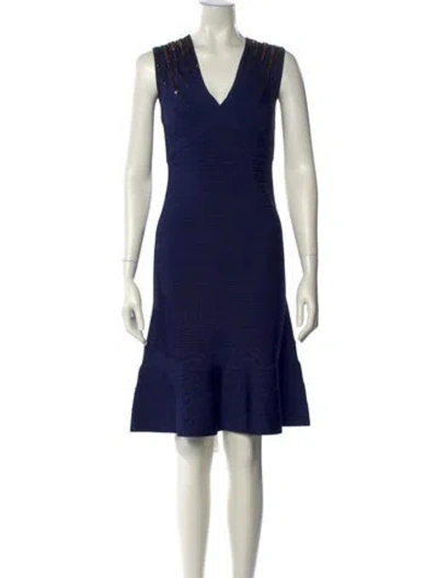 Pre-owned Herve Leger V-neck Knee-length Dress W/ Tags In Blue
