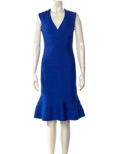 Pre-owned Herve Leger V-neck Knee-length Dress W/ Tags In Blue