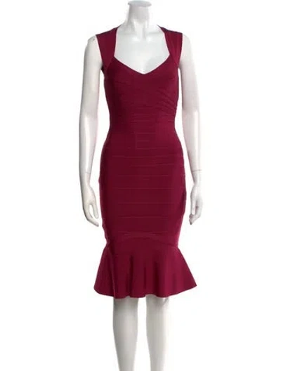 Pre-owned Herve Leger V-neck Knee-length Dress W/ Tags In Burgundy