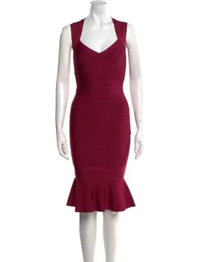 Pre-owned Herve Leger V-neck Knee-length Dress W/ Tags In Burgundy