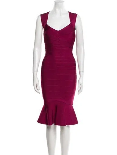Pre-owned Herve Leger V-neck Knee-length Dress W/ Tags In Burgundy