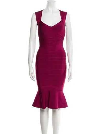 Pre-owned Herve Leger V-neck Knee-length Dress W/ Tags In Burgundy