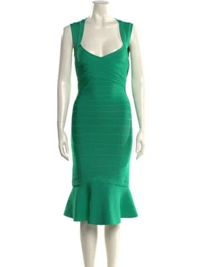 Pre-owned Herve Leger V-neck Knee-length Dress W/ Tags In Green