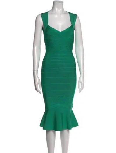 Pre-owned Herve Leger V-neck Knee-length Dress W/ Tags In Green