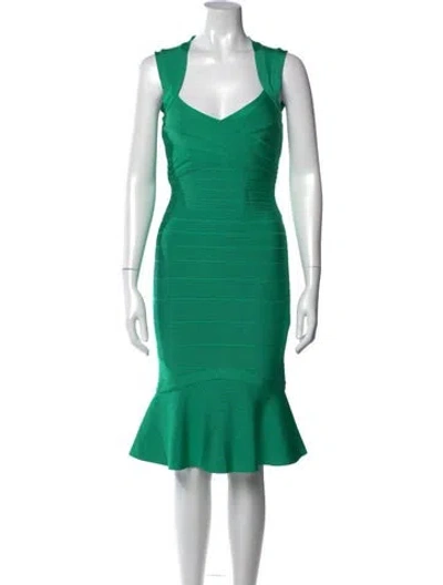 Pre-owned Herve Leger V-neck Knee-length Dress W/ Tags In Green