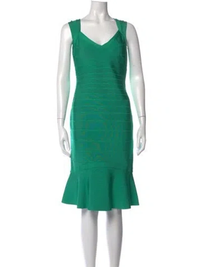Pre-owned Herve Leger V-neck Knee-length Dress W/ Tags In Green