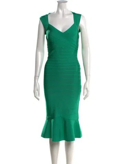 Pre-owned Herve Leger V-neck Knee-length Dress W/ Tags In Green