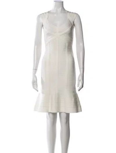 Pre-owned Herve Leger V-neck Knee-length Dress W/ Tags In Neutrals