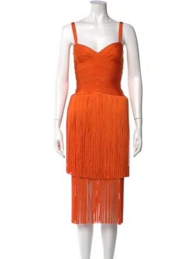 Pre-owned Herve Leger V-neck Knee-length Dress W/ Tags In Orange
