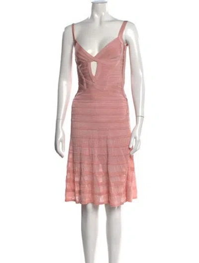 Pre-owned Herve Leger V-neck Knee-length Dress W/ Tags In Pink