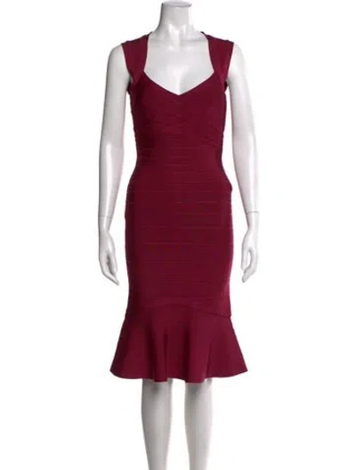 Pre-owned Herve Leger V-neck Knee-length Dress W/ Tags In Purple