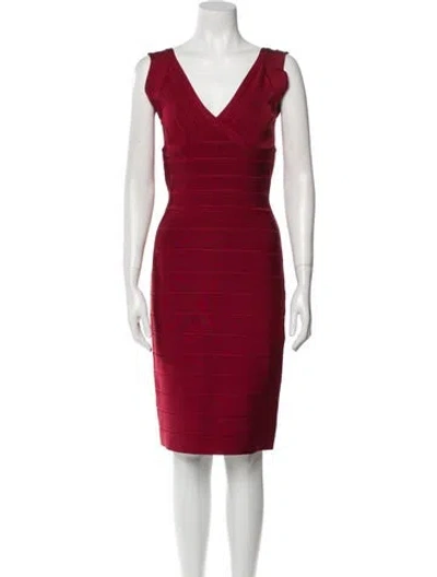 Pre-owned Herve Leger V-neck Knee-length Dress W/ Tags In Red