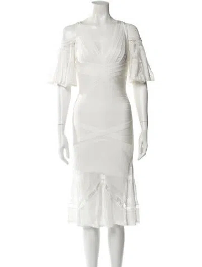 Pre-owned Herve Leger V-neck Knee-length Dress In White
