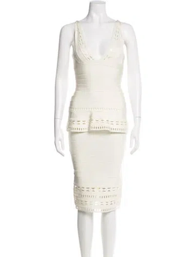 Pre-owned Herve Leger V-neck Knee-length Dress In White