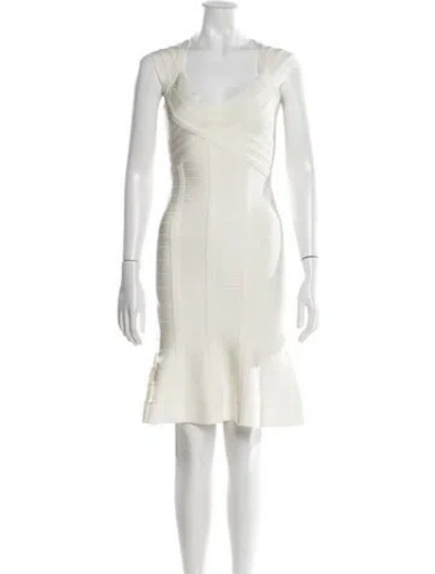 Pre-owned Herve Leger V-neck Knee-length Dress In White