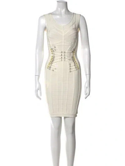 Pre-owned Herve Leger V-neck Knee-length Dress In White