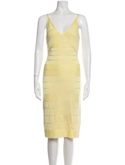 Pre-owned Herve Leger V-neck Knee-length Dress In Yellow