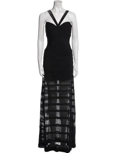 Pre-owned Herve Leger V-neck Long Dress In Black