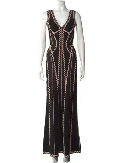 Pre-owned Herve Leger V-neck Long Dress In Black