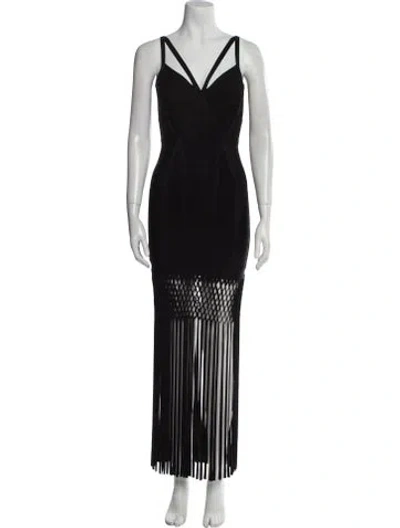 Pre-owned Herve Leger V-neck Long Dress In Black