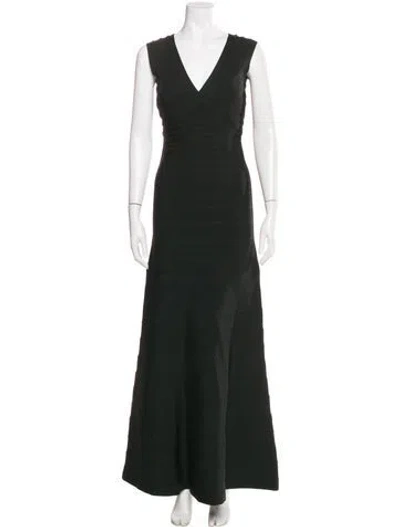 Pre-owned Herve Leger V-neck Long Dress In Black