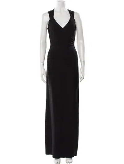 Pre-owned Herve Leger V-neck Long Dress In Black