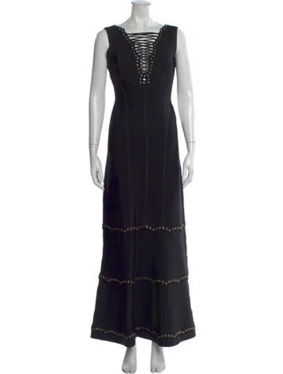 Pre-owned Herve Leger V-neck Long Dress In Black