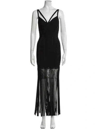 Pre-owned Herve Leger V-neck Long Dress In Black