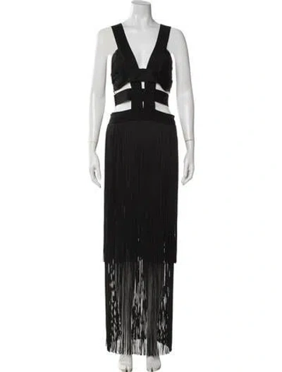 Pre-owned Herve Leger V-neck Long Dress In Black