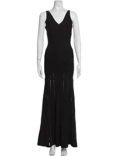 Pre-owned Herve Leger V-neck Long Dress In Black