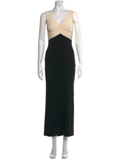 Pre-owned Herve Leger V-neck Long Dress In Black